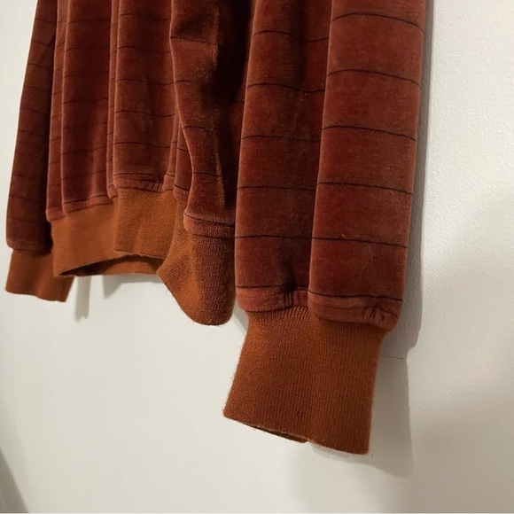 Burnt Orange Velvet Velour Knit V-Neck Striped Pull Over Sweatshirt Sweater - Picture 3 of 5